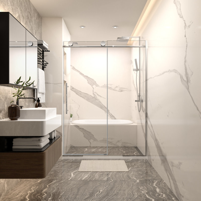 Mortix 60 In. W X 74 In. H Single Sliding Frameless Shower Door In Chrome With Clear 5/16 In. Glass