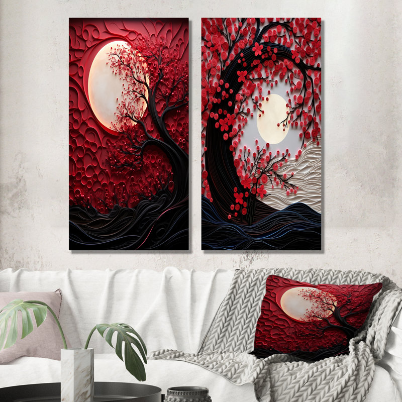 Red Moon Ruby Radiance - ensemble d'art mural sur toile lune, H 28 po x l 25 po, Toile tendue