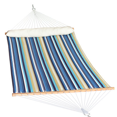 Hamac double matelassé pour l'extérieur Toucan, grand hamac robuste avec barre d'écartement, très grand coussin, rayures bleues