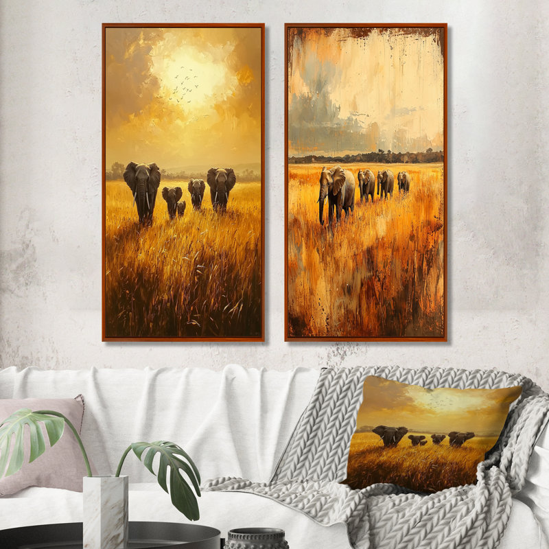 «Elephants Crossing The Savannah I», collection d'art mural animaux 2 pièces, H 40 po x l 41 po, Cadre flottant brun