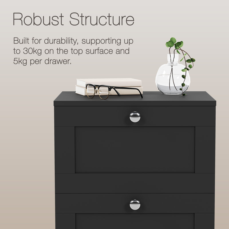Tasneem 3 Drawer Bedside Table Compact Nightstand Storage Cabinet Modern Bedroom Side Table, Black