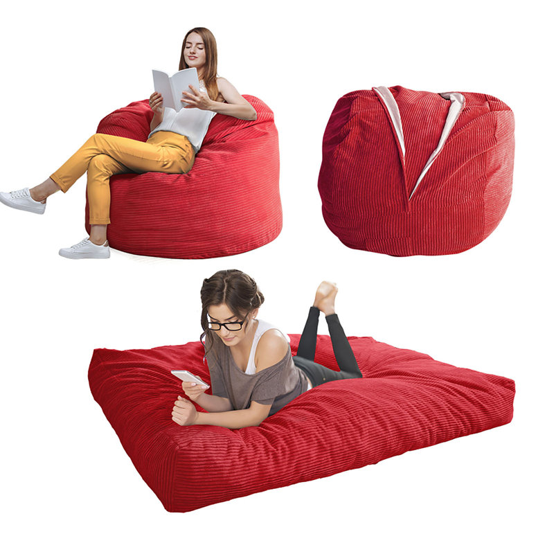 Grand fauteuil à billes et chaise longue, Velours côtelé vert, H 27,6 po x l 43,3 po x 43,3 po