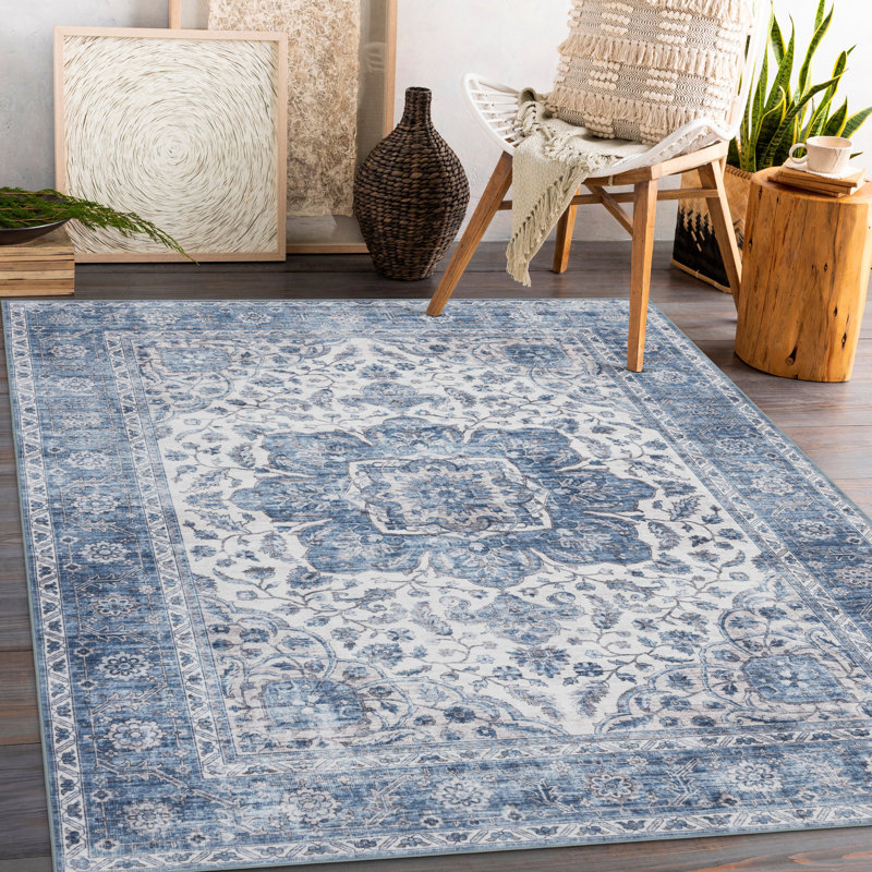 Lefkothea Joy Vintage Machine Washable Area Rug, Rectangle 5' x 7', Blue Ivory