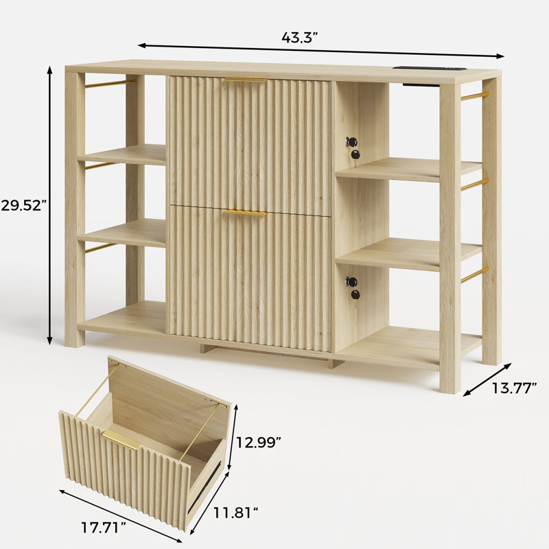 Classeur de luxe à 2 tiroirs avec serrure, tiroir en bois cannelé et tablettes ouvertes - Rangement de bureau moderne, Chêne