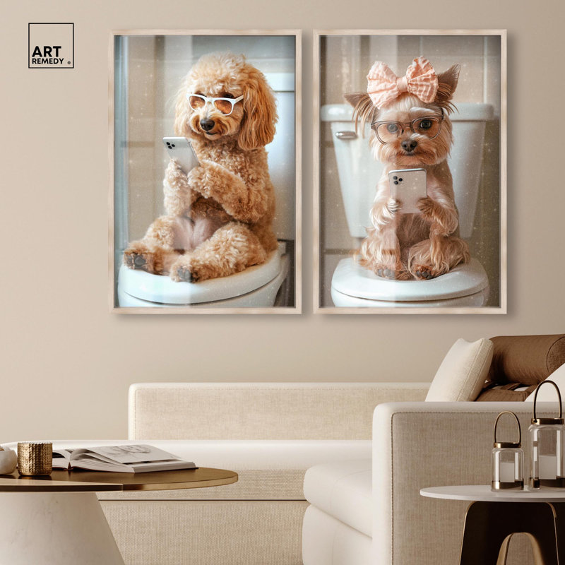 «Whimsical Bathroom Buddies Set Shadowbox» par Art Remedy, H 37 po x l 25 po, Crème, crème