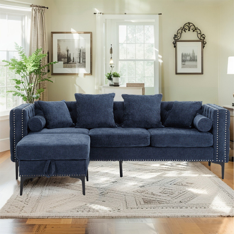 L-shaped Sectional Sofa with Storage Ottoman, 4 - Seat Sofa Couch,Rivets & Tufted Design