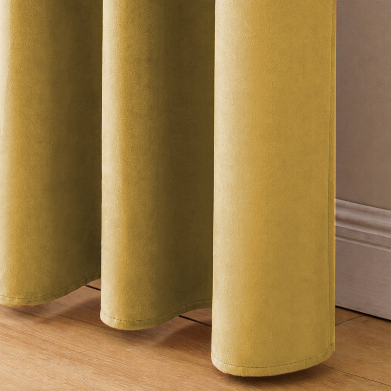 Heavy Velvet Eyelet Ready Made Thermal Drapes & Curtains, Ochre, 117cm Width x 137cm Drop
