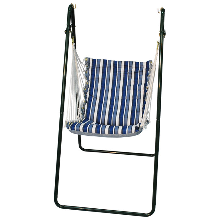 Blue Stripe Hanging Chair Hammock with Bronze Stand