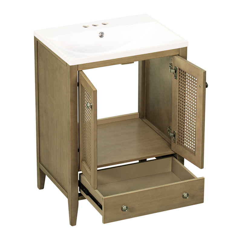 Meuble-lavabo de 24 po avec lavabo et armoire en céramique, cadre naturel, cadre stable, rangement généreux, assemblage rapide avec lavabo, présentation du thème, structure du cadre, nombreuses possibilités de rangement,