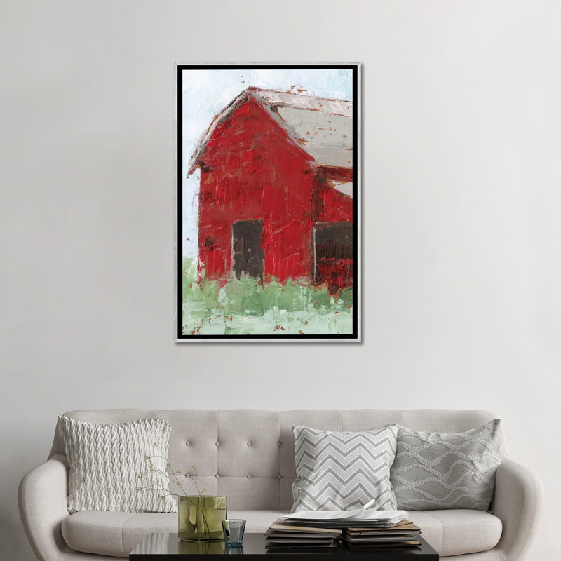 « Big Red Barn II » par Ethan Harper, reproduction d’art, H 48 po x l 32 po x P 1,5 po, Toile avec cadre argenté