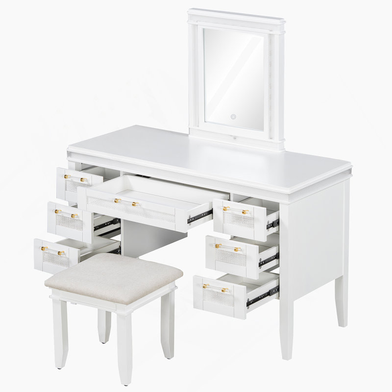 48" Vanity Desk With Mirror And Lights, Makeup Vanity With 7 Drawers And Cushioned Stool, Classic Beige Finish Dressing Table With Hollow Design Drawer For Bedroom, Rubber Wood Legs, Light Beige