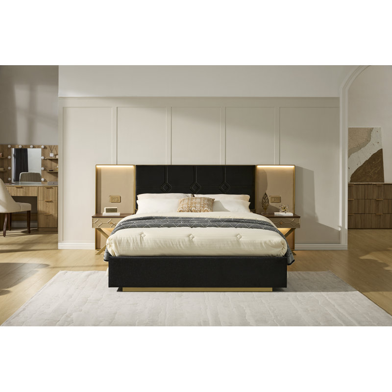 Luxueuse base de lit plateforme luxueuse, tête de lit en velours recouverte de métal, 2 lampes murales et table de chevet intégrées, structure en métal robuste et en bois massif, aucun sommier nécessaire, noir haut de gamme