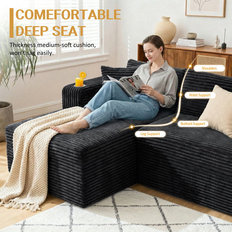 102.3" Cloud-Like Modular Sectional Sofa, Black Corduroy