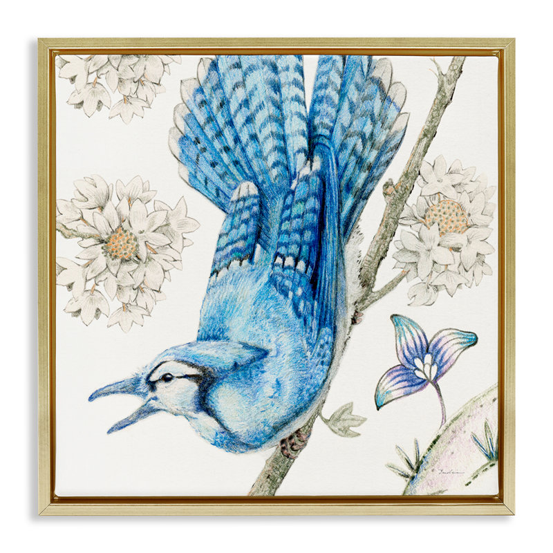 «Blue Jay Perché Florals», art mural sur toile flottante par Evelia Designs, Cadre flottant métallique doré