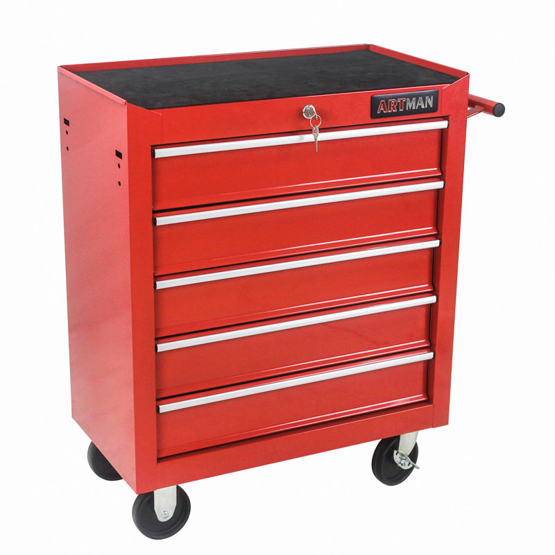 Coffre à outils à 5 tiroirs, armoire de rangement pour outils pour le garage avec 4 roues et système de verrouillage, Rouge