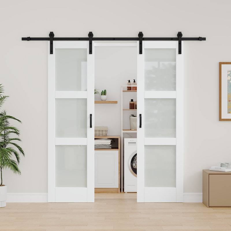  Double porte de grange coulissante en verre givré H 84 po, 48 po x 84 po, Sans fermeture en douceur