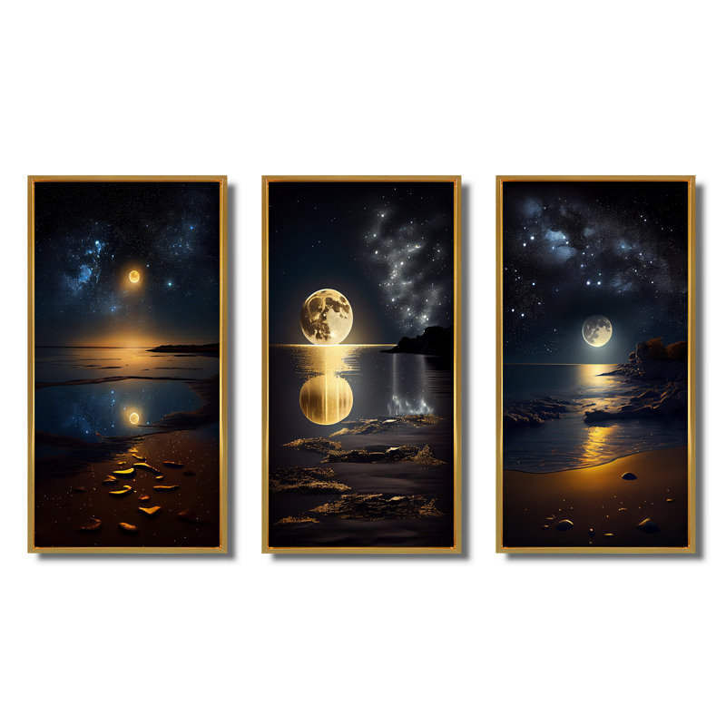 «Golden Full Moon Beach Dream By Night Shore II», 3 pièces, Cadre flottant doré, H 28 po x l 36 po