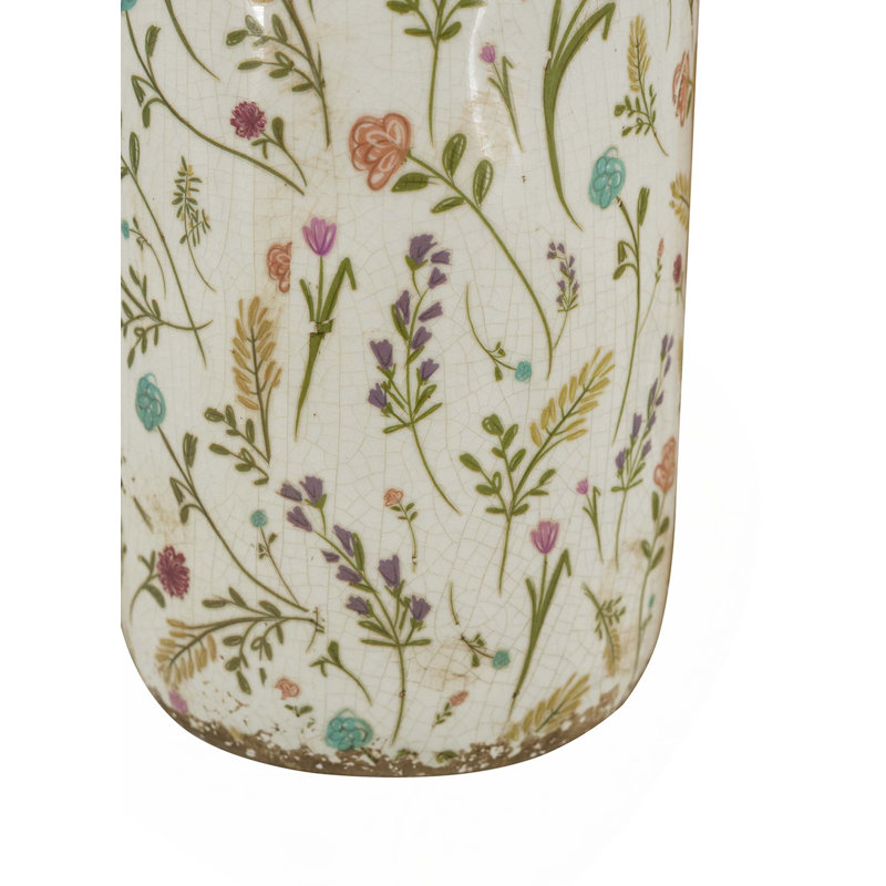 Ceramic Cylinder Vase With Multi-Colored Floral Motifs, 10.6" H x 5.3" W x 5.3" D