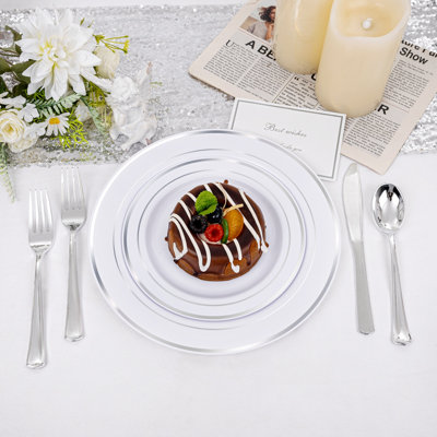 WELLIFE 150 PCS Silver Plastic Dinnerware Sets, Includes: 30 Dinner & Dessert Plates, 30 Plastic Silverware Set, Perfect Fancy Disposable Plates for Party Wedding