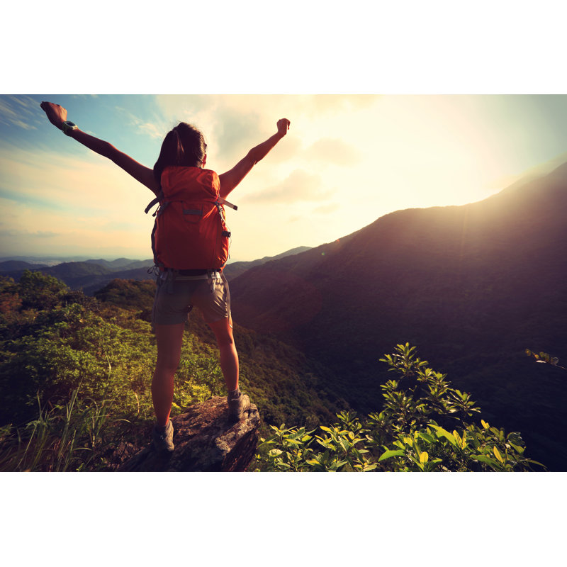 Cheering Hiking Woman Open Arms At Mountain Peak - Wrapped Canvas Print, 30.48cm H x 45.72cm W