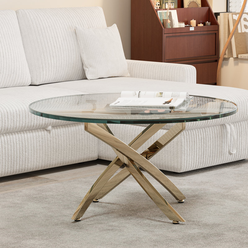 Landgraf Glass Top Round Coffee Table,Cocktail Table,Glass End Table, Gold, 18.3" H x 35.4" W x 35.4" D
