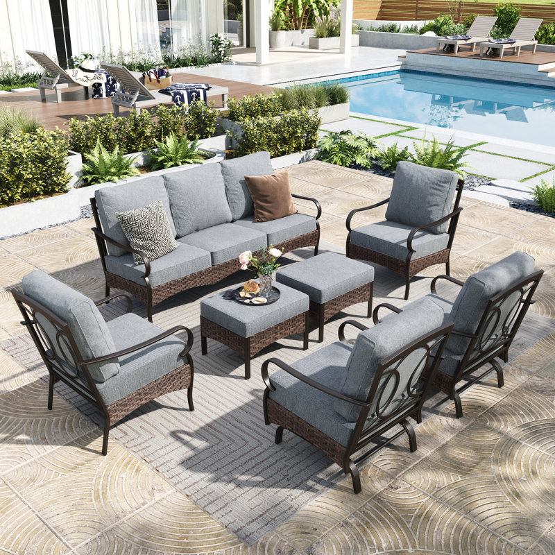 7 - Person Outdoor Seating Group With Rocking Lounge Chairs & Optional Fire Pit Table, No, Gray
