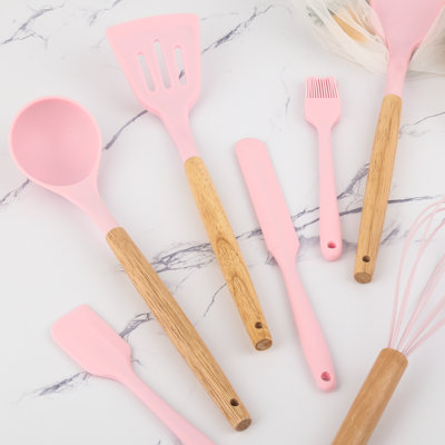 Ensemble d'ustensiles de cuisine en silicone 44 pièces avec support, spatule antiadhésive résistante à la chaleur et outils pour gadgets avec poignées en bois, rose