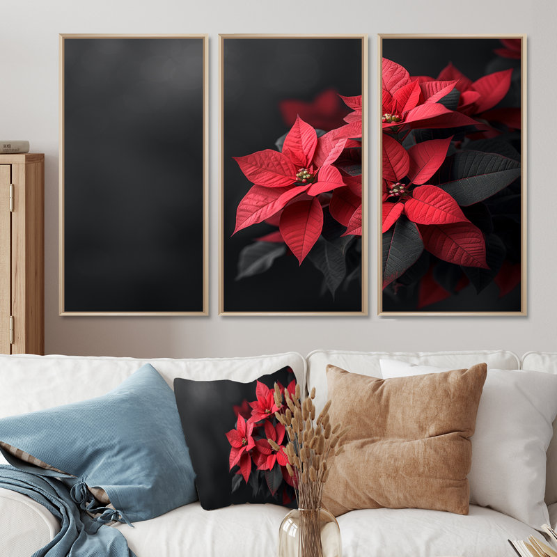 Glaude - Ensemble de décoration murale poinsettias, Toile naturelle avec cadre flottant, H 40 po x l 60 po x P 1 po