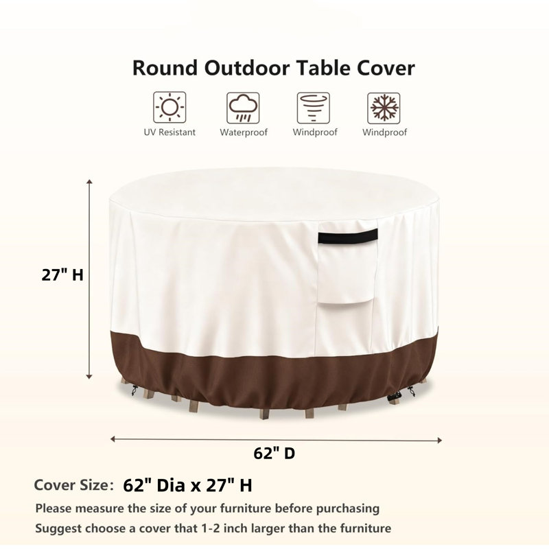 Outdoor Round Table Cover Waterproof Patio Furniture Covers,Patio Round Table Chair Set Covers - 62" Dia x 27" H, Beige and Brown