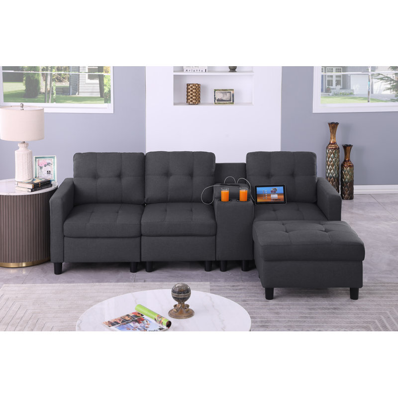 5 Piece Upholstered Sofa With Ottoman And Storage&cup Holder& Usb Ports Stand Console, Dark Gray
