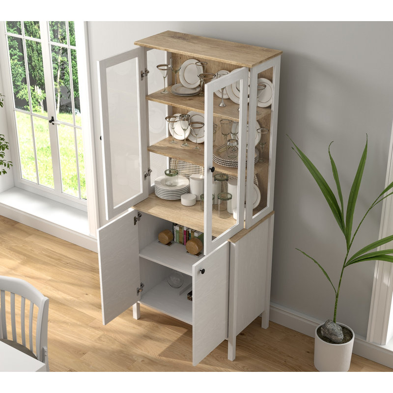 Bibliothèque de style scandinave, finition blanche et bois, 32,7 po x 76,4 po x 18,5 po | 100% panneau de particules enduit de mélamine, bandes de 0,7 po | Pieds robustes en bois aggloméré, poignées en métal, tablettes multiples, fixation murale