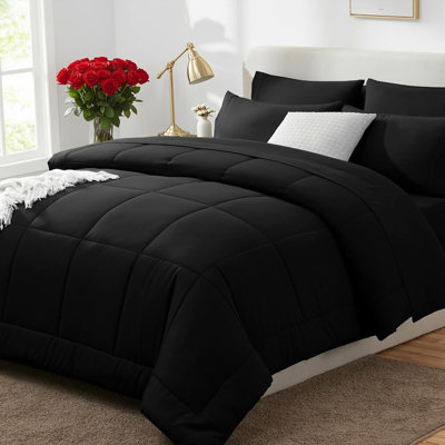 Queen Comforter Set Black, 7-Piece Bed in a Bag, All-Season Bedding Set with Comforter, Flat Sheet, Fitted Sheet, Pillowcases & Pillow Shams