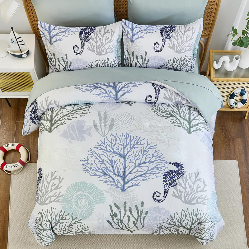 7-Piece Coastal Beach Comforter Set, Ocean Nautical All-Season Bedding, Coastal