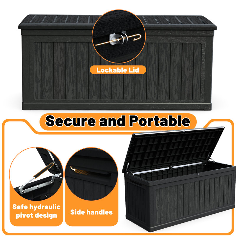 Coffre de terrasse noir à double paroi de 260 gallons avec technologie à double paroi, résistant aux intempéries et pouvant servir de structure de table, de résine de protection, d'outils de jardinage idéaux et de surface supplémentaire