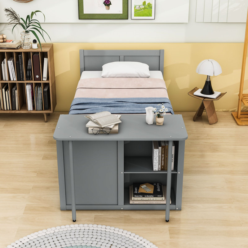 Lit plateforme simple en bois 3 tiroirs avec bureau intégré et lit gigogne, gris
