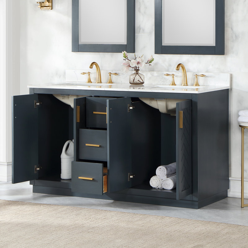 Gazsi 60" Double Bathroom Vanity Set With Grain White Engineered Stone Countertop Without Mirror, Charcoal Blue