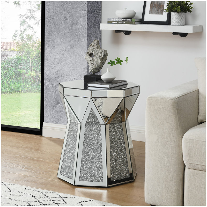 Table basse de style tambour avec incrustation de cristal miroir, table décorative argentée, meuble moderne de luxe moderne, table basse de 20 pouces (environ 50 centimètres), convenant au salon