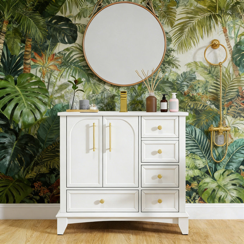 Bathroom Vanity with Sink, Drawers and Metal Handles, White