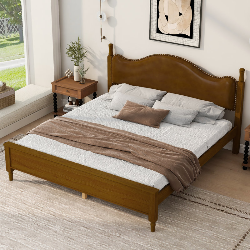 Lit plateforme en bois massif avec tête de lit tapissier courbée, aucun sommier tapissier requis, Très grand lit, Brun