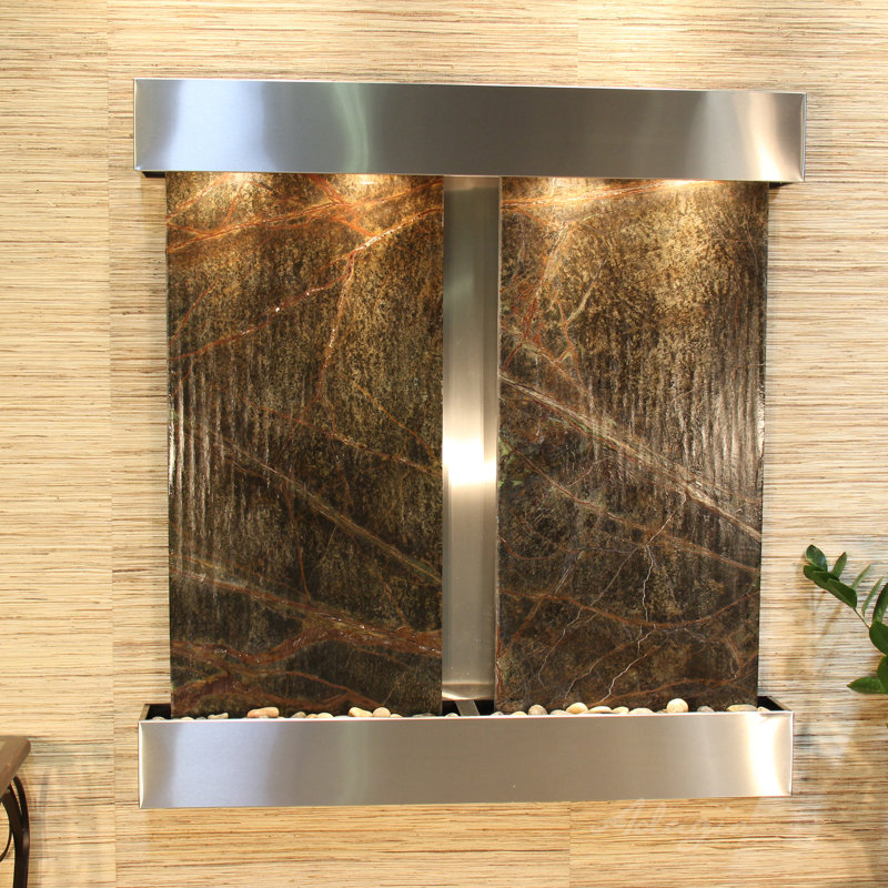 Aspen Falls Wall Fountain with Light, Stainless Steel, Rainforest Green Marble
