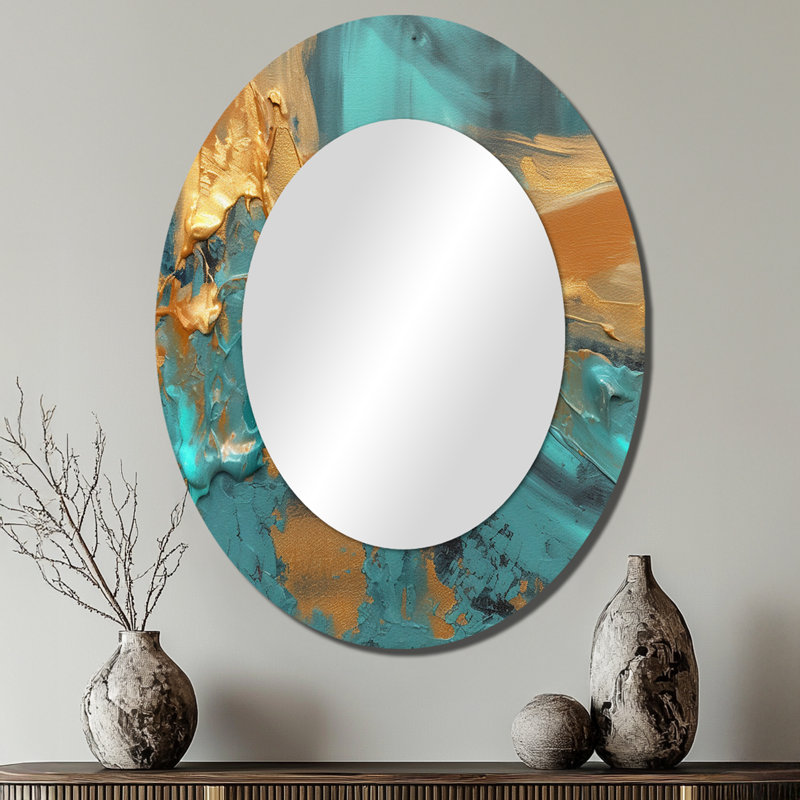 Golden Sunshine Wild Turquoise River Abstract II - Large Oval Wall Mirror On Metal, 40" x 30"