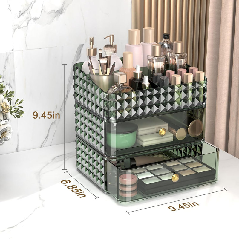 Organisateur de maquillage avec 2 tiroirs et 1 plateau, rangement cosmétique empilable pour meuble-lavabo, porte-pinceau, rouge à lèvres et présentoir à bijoux, motif à losanges durable et élégant