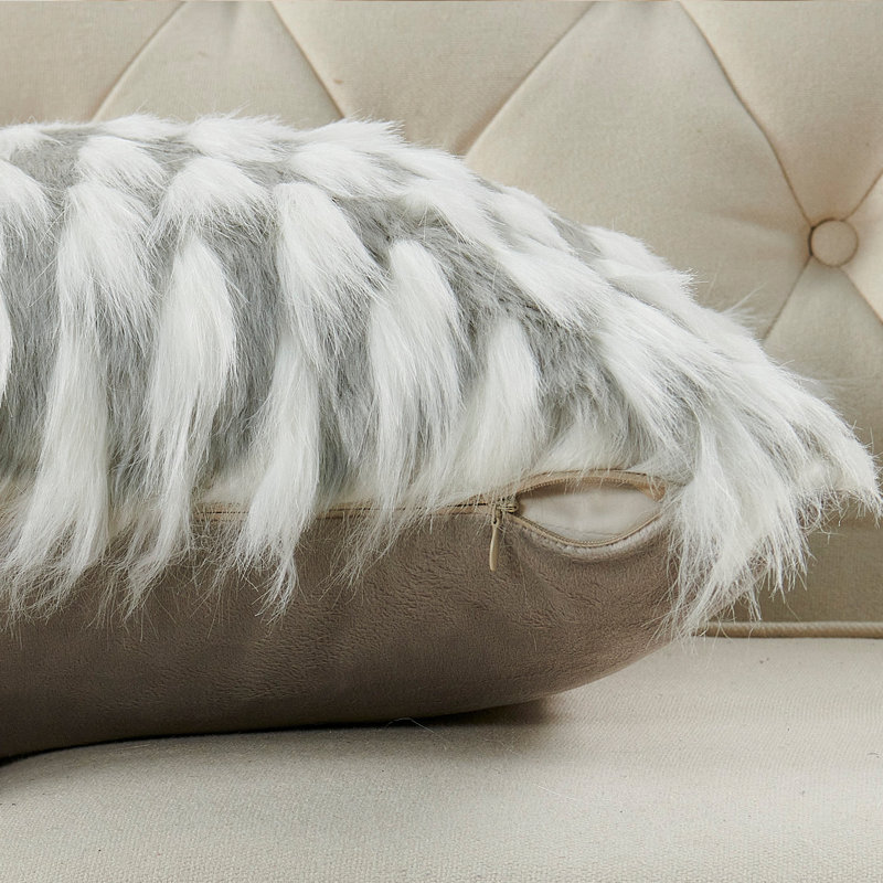Gray and White Faux Fur Embroidered 20" Pillow Covers