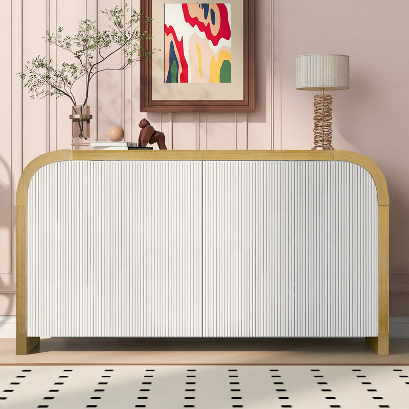 4-Door Curved Corner Design Wavy Door Panel Cabinet With Adjustable Shelves, Suitable, White