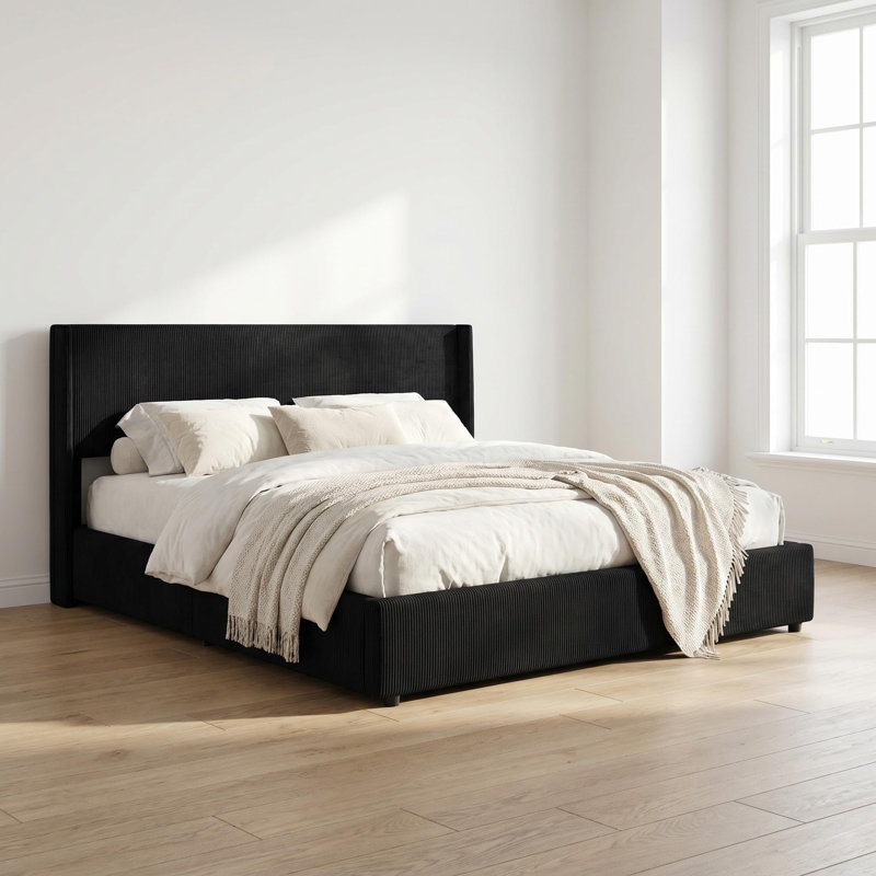 Full Size Bed Frame with Lift Up Storage, Corduroy Upholstered Platform Bed with Wingback Headboard, Solid Wooden Slats, No Box Spring Needed, Hydraulic Support, Black