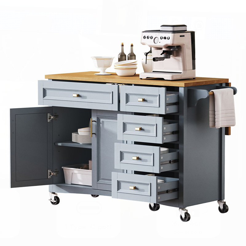 Îlot de cuisine 52 pouces avec abattant, texture gaufrée, roulettes, porte-épices, porte-serviettes et tiroirs multiples pour un rangement et une mobilité accrus