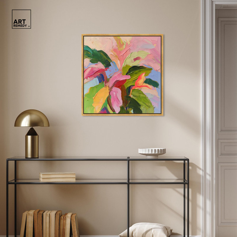 Art Remedy, art tropical brillant sur toile, Cadre flottant doré, H 25 po x l 25 po