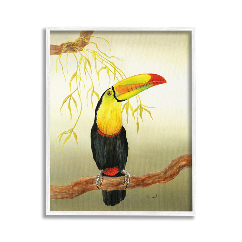 Toucan sur une branche de forêt, estampe numérique encadrée par Christine Reichow, H 30 po x l 24 po