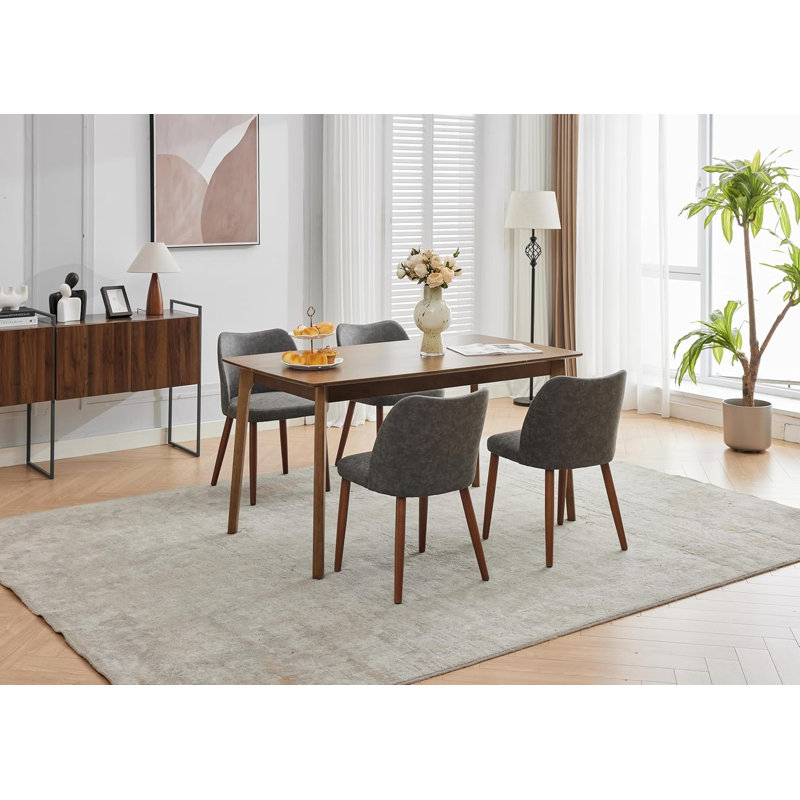 Upholstered Dining Chair with Wood Legs, Wing Backrest, Wooden Kitchen Chair with Thick Cushions, Gray