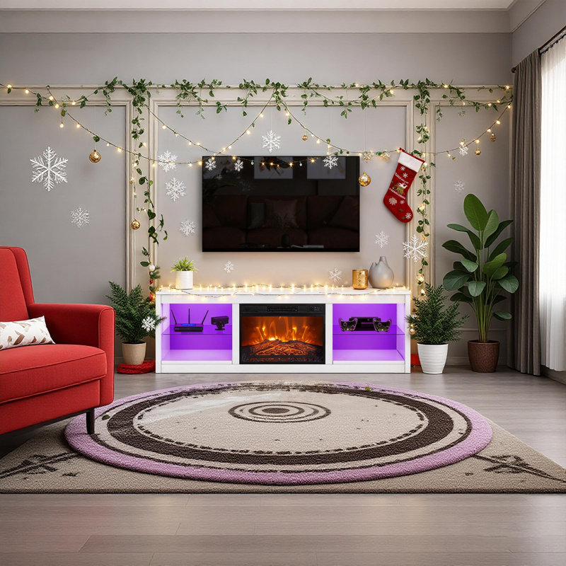 Meuble télé 66 po pour téléviseur de 75 po ou moins, console multimédia avec lumières DEL et foyer électrique, Blanc